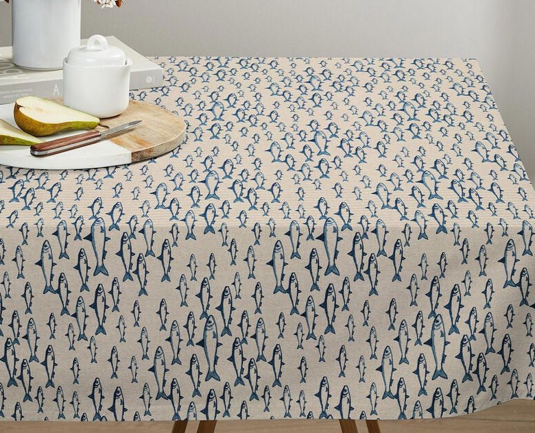 Round Sardine Fish Tablecloth , Nautical Marine Linen Look Tablecloth , Oval Tablecloth , Rectangle Square Tablecloth UK