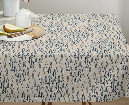Round Sardine Fish Tablecloth , Nautical Marine Linen Look Tablecloth , Oval Tablecloth , Rectangle Square Tablecloth UK