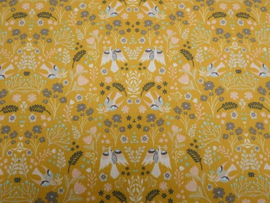 Folklore Birds Floral Ochre Yellow Tablecloth , Flowers Tablecloth , Floral Tablecloth , Round Rectangle Tablecloth , Oval Tablecloth