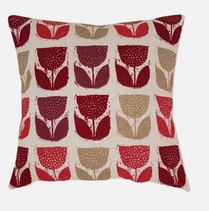 Red Poppy Floral Cushion Cover: Handmade Cotton Throw Pillow