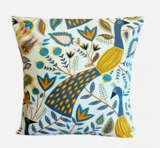 Peacock Floral Cotton Cushion Cover: Ochre Teal Throw Pillow