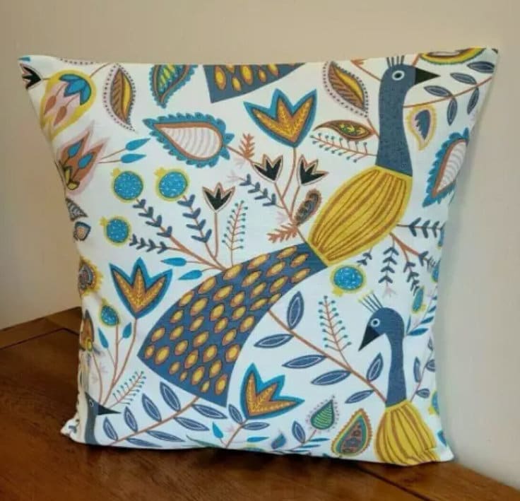 Peacock Floral Cotton Cushion Cover: Ochre Teal Throw Pillow