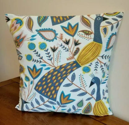 Peacock Floral Cotton Cushion Cover: Ochre Teal Throw Pillow