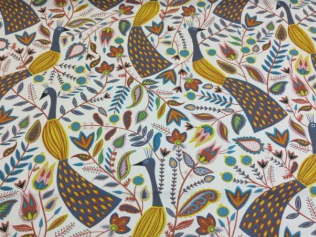 Peacock Floral Cotton Cushion Cover: Ochre Teal Throw Pillow