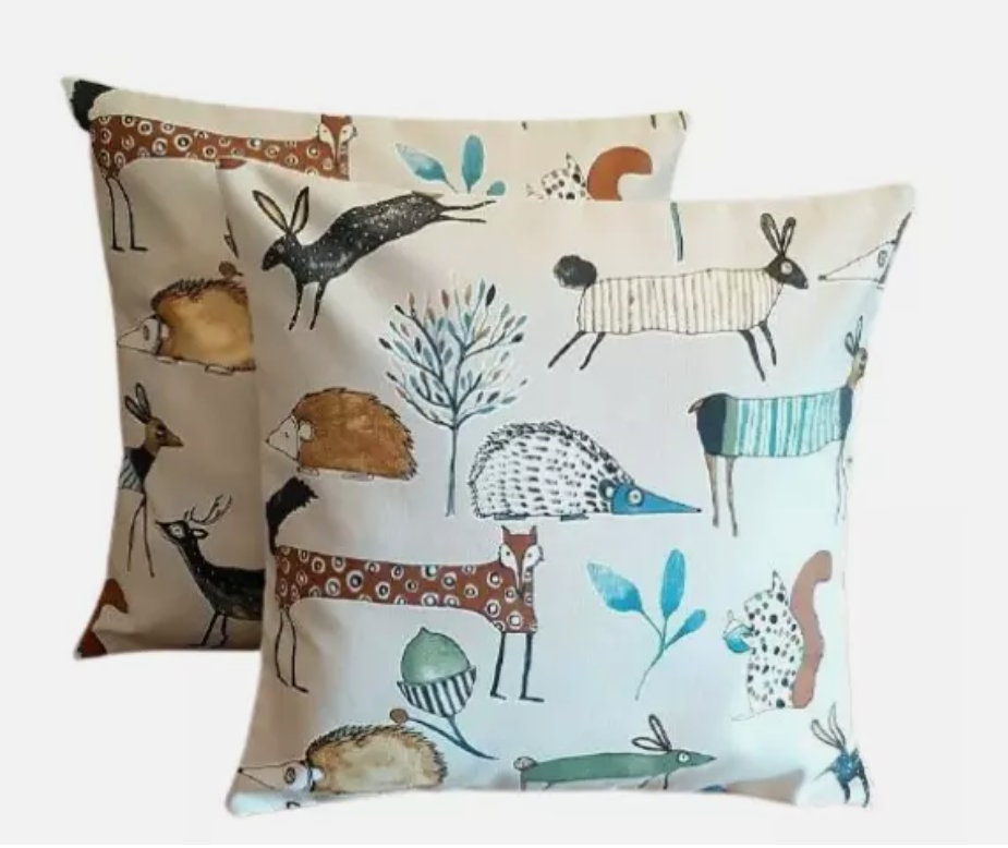 Woodland Animals Cotton Cushion Cover: Handmade Throw Pillow
