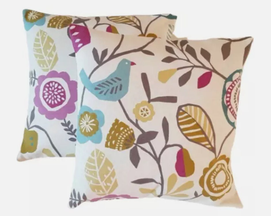 Scandi Birds Floral Cushion Cover , Heather Olive Purple Floral Cushion Cover , Throw Pillow , Scatter Cushions , Cushion Cover UK