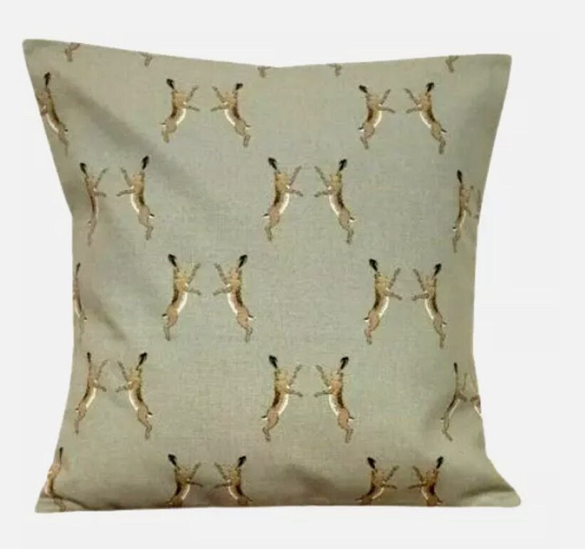 Sophie Allport Boxing Hares Cushion Cover: Green Cotton Throw Pillow
