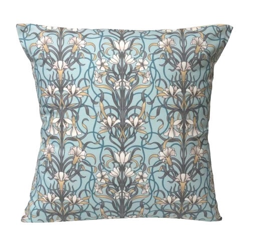 Agatha Arts & Crafts Style Floral Cushion Cover , Duck Egg Blue Cushion Cover , Throw Pillow , Scatter Cushions , Cushion Cover UK