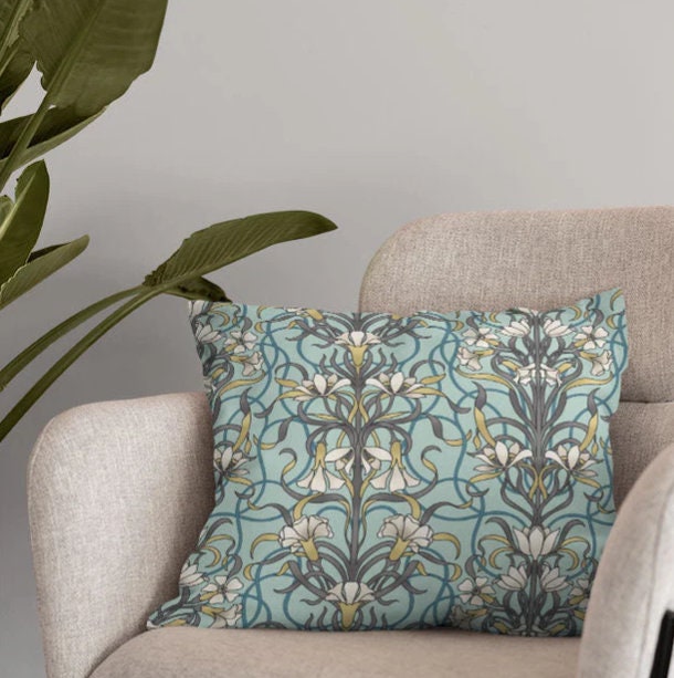 Agatha Arts & Crafts Style Floral Cushion Cover , Duck Egg Blue Cushion Cover , Throw Pillow , Scatter Cushions , Cushion Cover UK