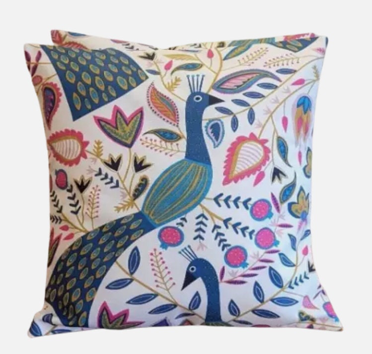 Peacock Floral Teal Green Pink Cushion Cover , Throw Pillow , Scatter Cushions , Cushion Cover UK