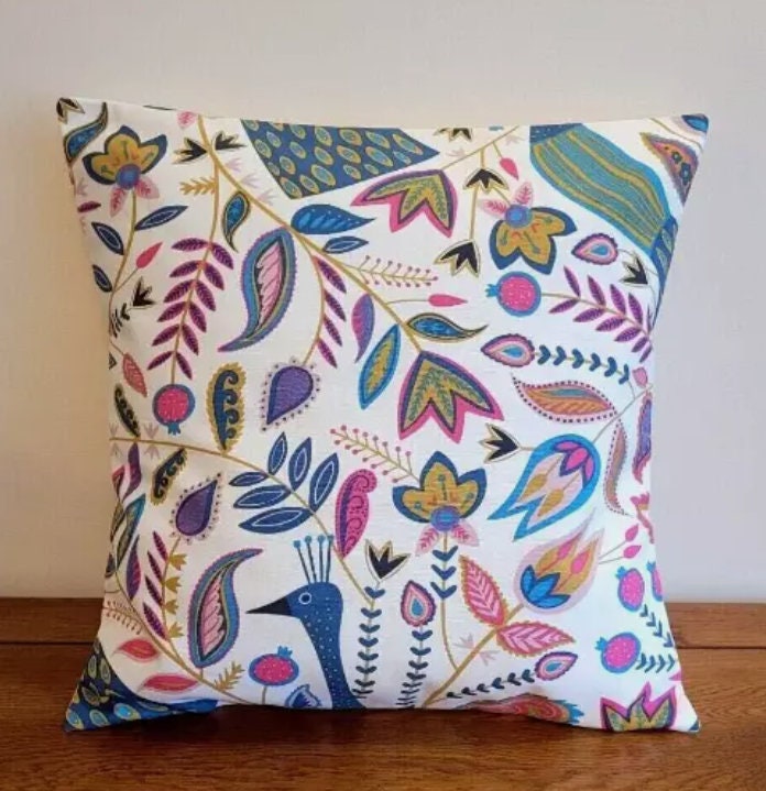 Peacock Floral Teal Green Pink Cushion Cover , Throw Pillow , Scatter Cushions , Cushion Cover UK