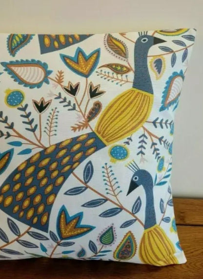 Peacock Floral Cotton Cushion Cover: Ochre Teal Throw Pillow