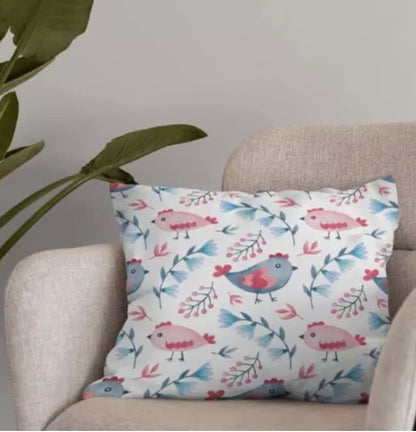 Folk Art Bird Throw Pillow Cover, Handmade Cotton Cushion