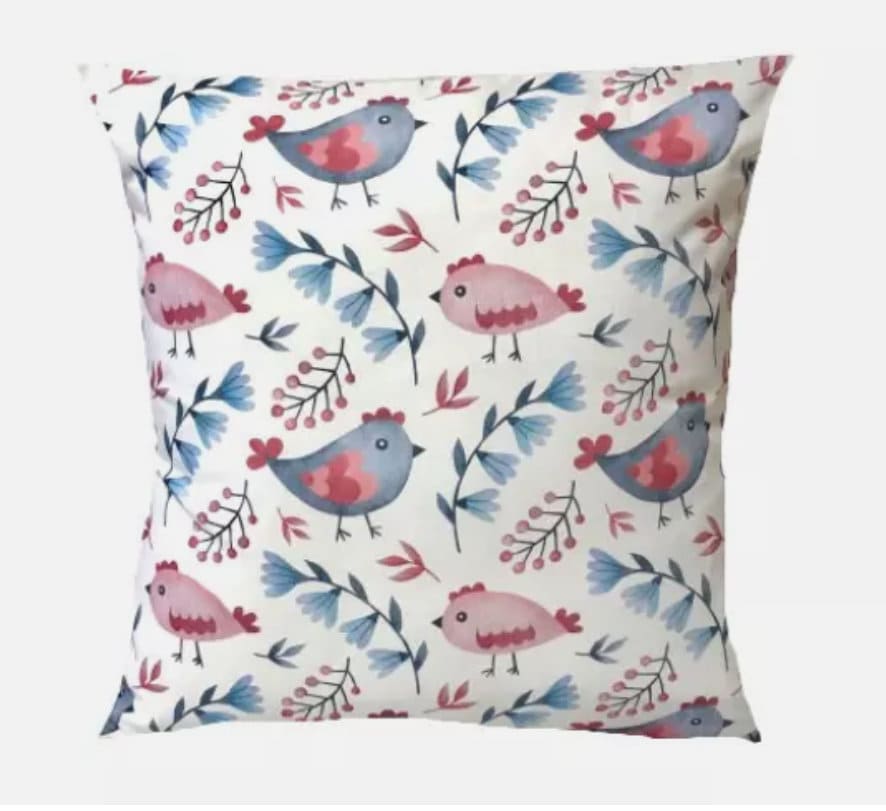 Folk Art Bird Throw Pillow Cover, Handmade Cotton Cushion