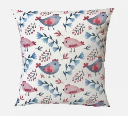 Folk Art Bird Throw Pillow Cover, Handmade Cotton Cushion