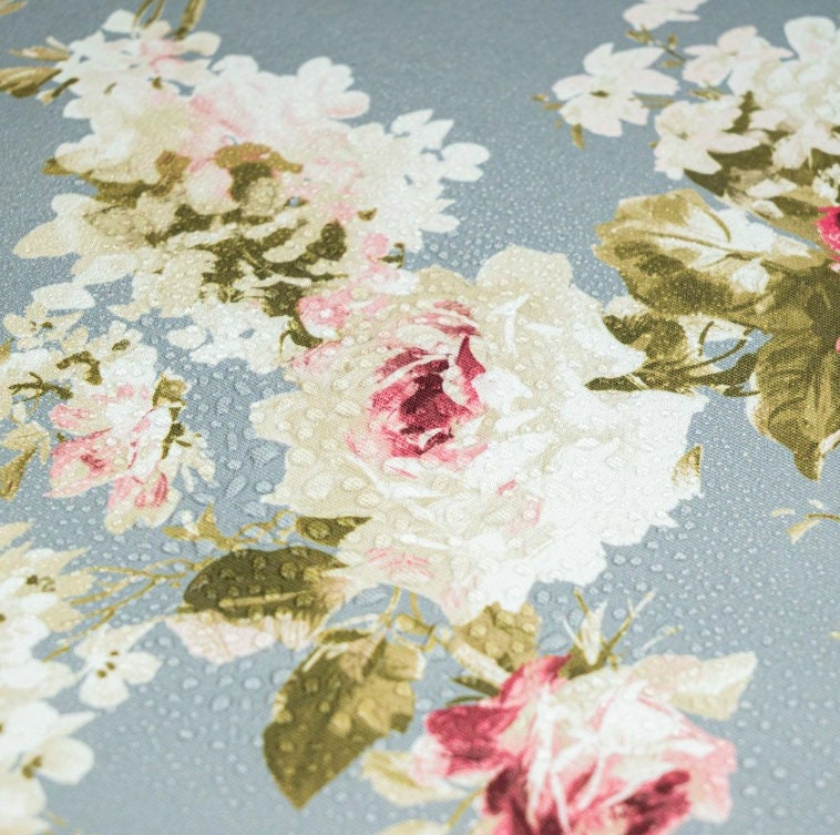 English Rose Grey Coated Tablecloth , Water Resistant Tablecloths , Outdoor Tablecloth , Round Oval Rectangle Tablecloth