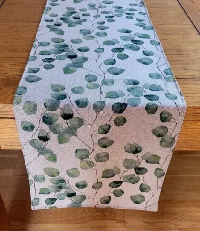 Eucalyptus & Money Tree Leaves Table Runner: Handmade Cotton