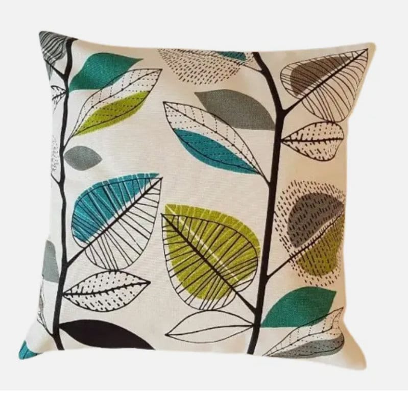 Autumn Leaves Cushion Cover: Green & Teal Throw Pillow, Handmade