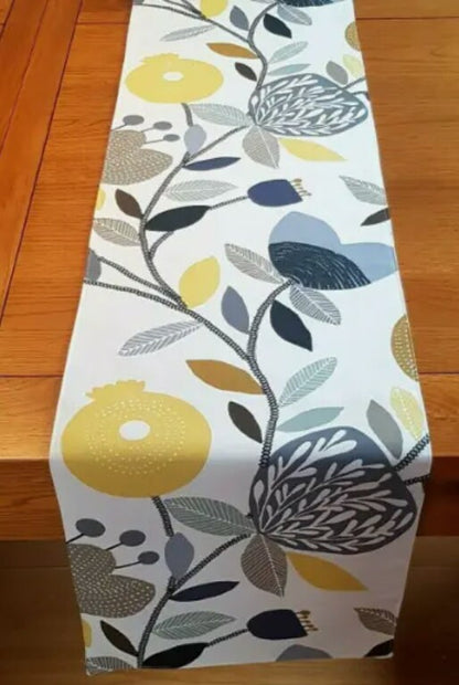 Pomegranate Floral Cotton Table Runner, Ochre Yellow, Handmade in UK