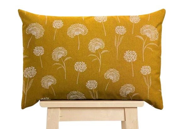 Dandelions Yellow Throw Pillow Cover: Floral Cotton Linen, Handmade in UK