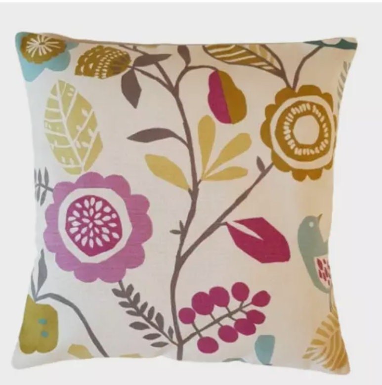Scandi Birds Floral Cushion Cover , Heather Olive Purple Floral Cushion Cover , Throw Pillow , Scatter Cushions , Cushion Cover UK