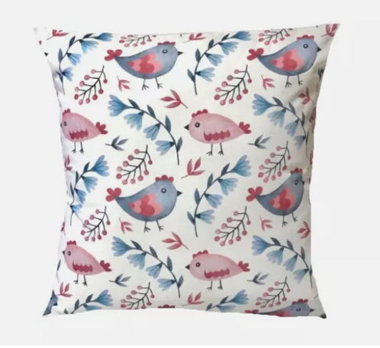 Folk Art Bird Throw Pillow Cover, Handmade Cotton Cushion