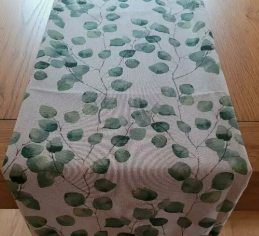 Eucalyptus & Money Tree Leaves Table Runner: Handmade Cotton