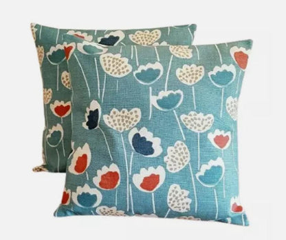 Scandi Floral Tulip Cushion Cover, South Pacific Blue, Handmade Cotton