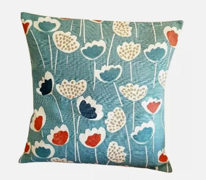 Scandi Floral Tulip Cushion Cover, South Pacific Blue, Handmade Cotton