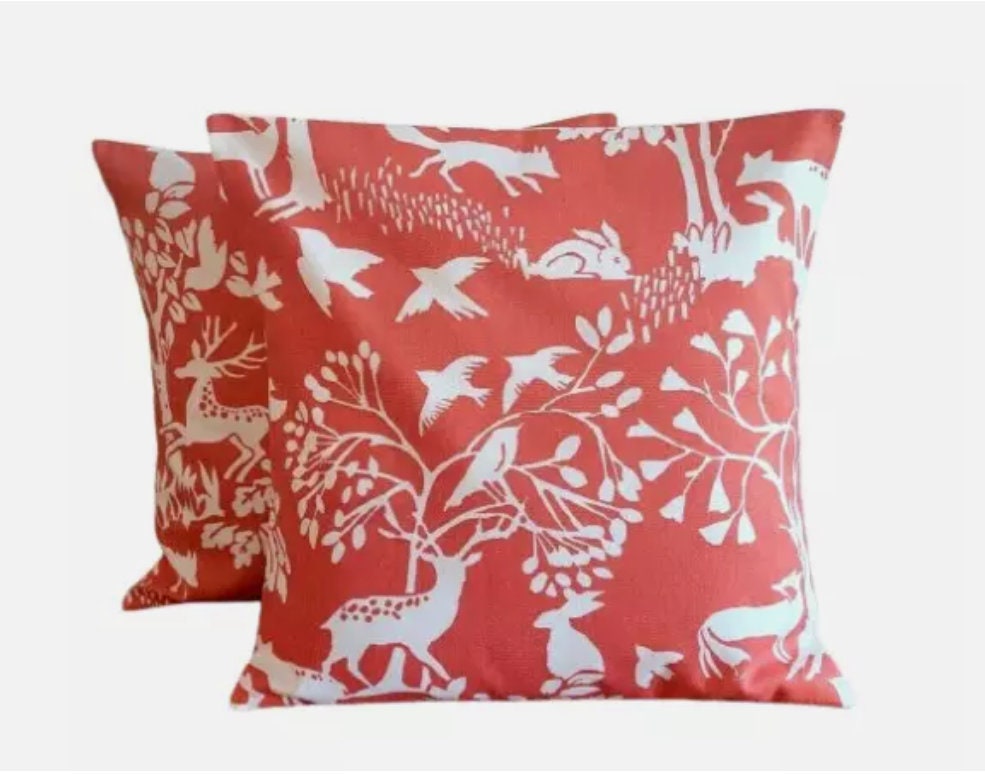 Woodland Deer Cushion Cover , Vilda Cinnamon Orange Throw Pillow , Handmade UK