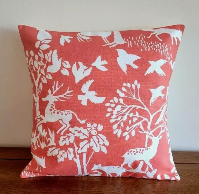 Woodland Deer Cushion Cover , Vilda Cinnamon Orange Throw Pillow , Handmade UK