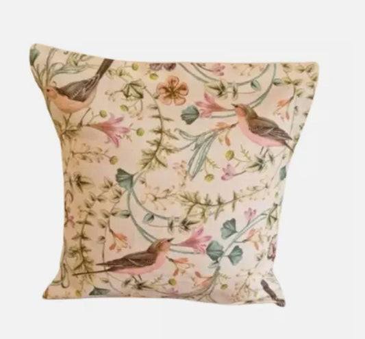 Spring Bloom Bird Floral Cushion Cover, Handmade Cotton Linen