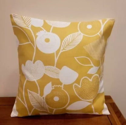 Floral Pomegranate Ochre Yellow Cushion Cover, Handmade Cotton Throw Pillow
