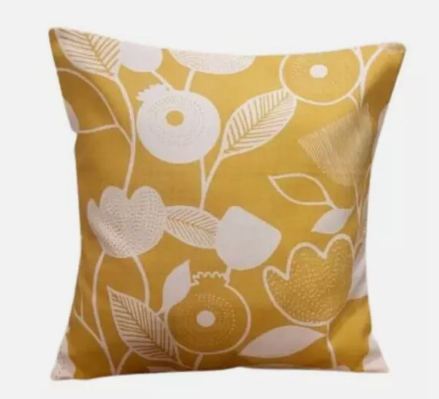 Floral Pomegranate Ochre Yellow Cushion Cover, Handmade Cotton Throw Pillow