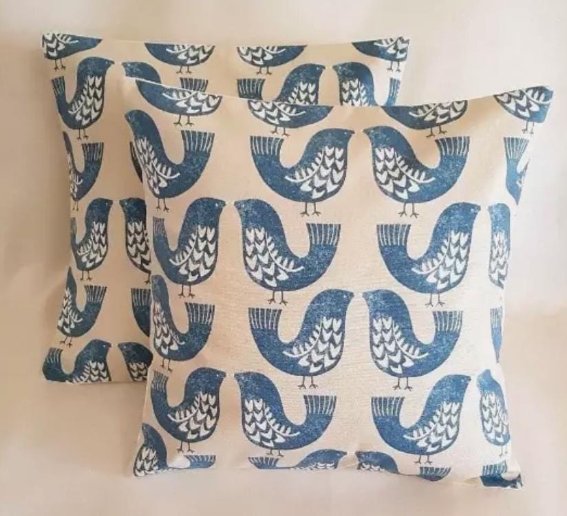 Scandi Bird Capri Blue Cushion Cover , Robin Cushion Cover , Throw Pillow , Scatter Cushions , Cushion Cover UK