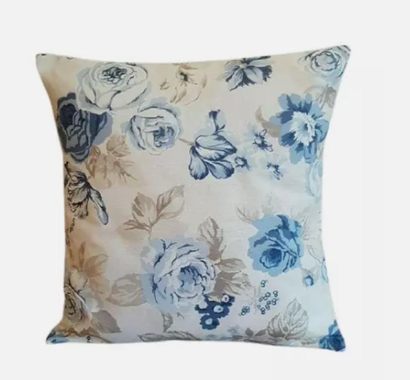 Blue Rose Floral Cushion Cover: Handmade Cotton Throw Pillow