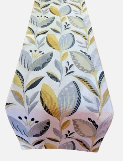 Floral Leaves Table Runner, Leon Ochre Yellow Grey Cotton Fabric, Autumn Table Decoration