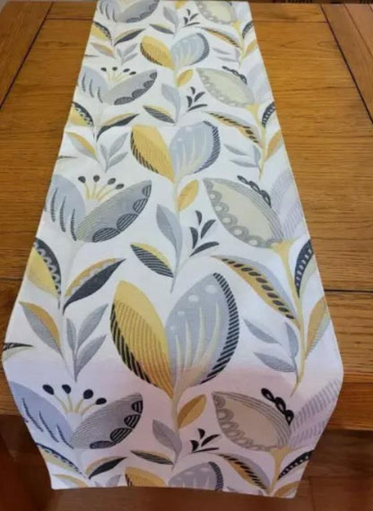 Floral Leaves Table Runner, Leon Ochre Yellow Grey Cotton Fabric, Autumn Table Decoration