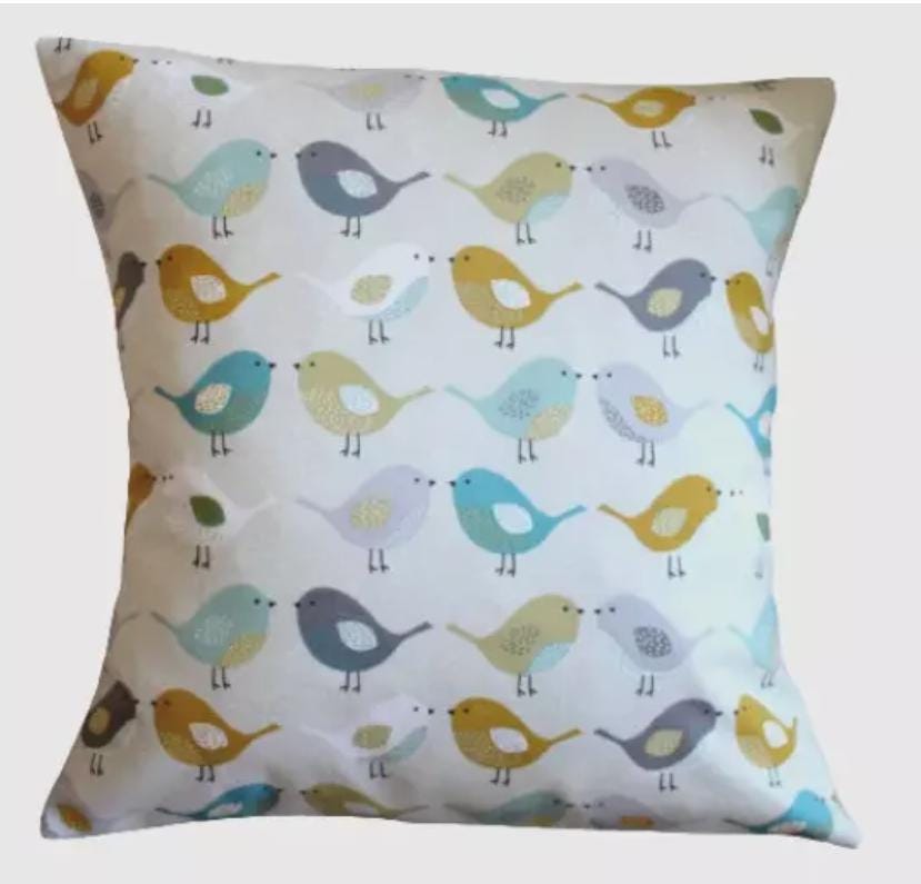 Scandi Birds Robin Cushion Cover , Fryetts Ochre Blue Grey Bird Cushion Cover , Throw Pillow , Scatter Cushions , Cushion Cover UK