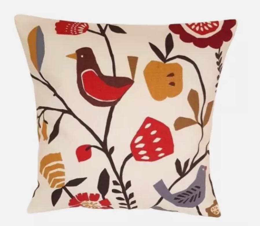 Scandi Bird Floral Folki Indigo Cranberry Cushion Cover