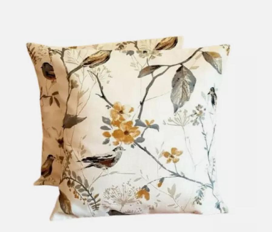 Birdsong Beige Yellow Bird Floral Cushion Cover , Throw Pillow , Scatter Cushions , Cushion Cover UK