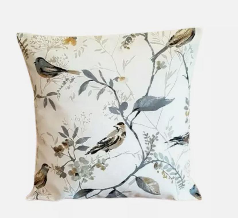 Birdsong Beige Yellow Bird Floral Cushion Cover , Throw Pillow , Scatter Cushions , Cushion Cover UK