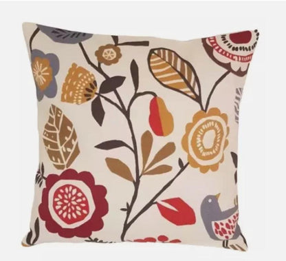 Scandi Bird Floral Folki Indigo Cranberry Cushion Cover