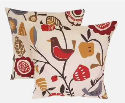 Scandi Bird Floral Folki Indigo Cranberry Cushion Cover