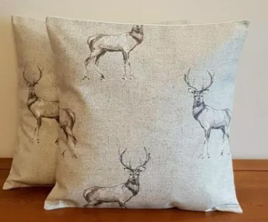 Glencoe Stags Cushion Cover: Beige Cotton Throw Pillow