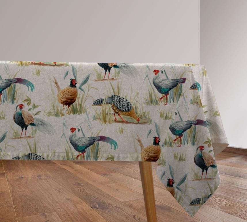 Pheasant Print Tablecloth: Linen Look Fabric, Handmade in UK