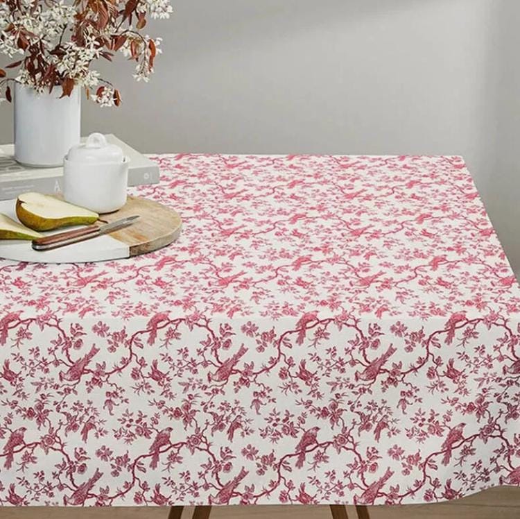 Toile de Jouy Birds Tablecloth , Floral Red Off White Table cloth , Round Oval Rectangle , Handmade UK