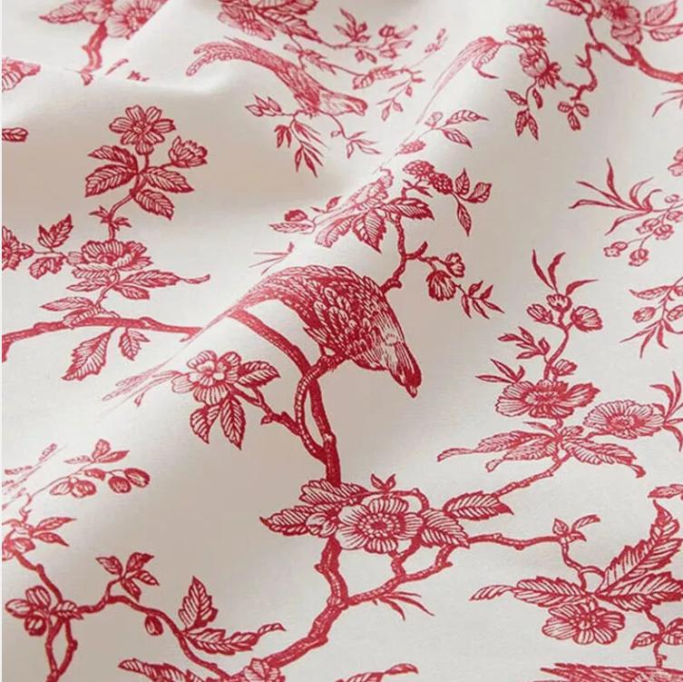 Toile de Jouy Birds Tablecloth , Floral Red Off White Table cloth , Round Oval Rectangle , Handmade UK