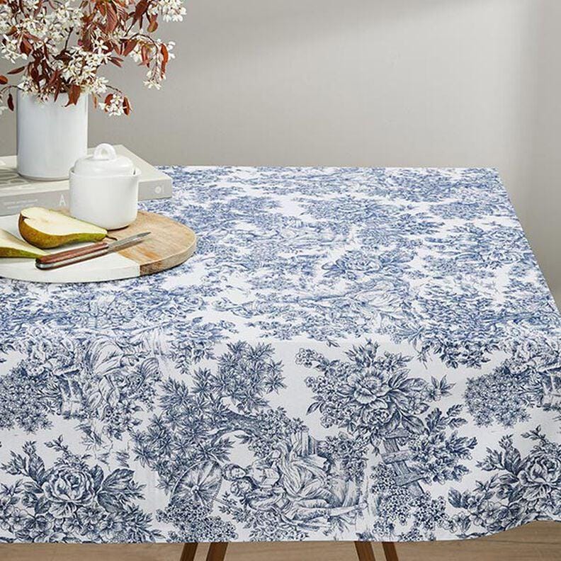 Toile de Jouy Romance Tablecloth , Roses Floral White Blue Table cloth , Round Oval Rectangle , Handmade UK