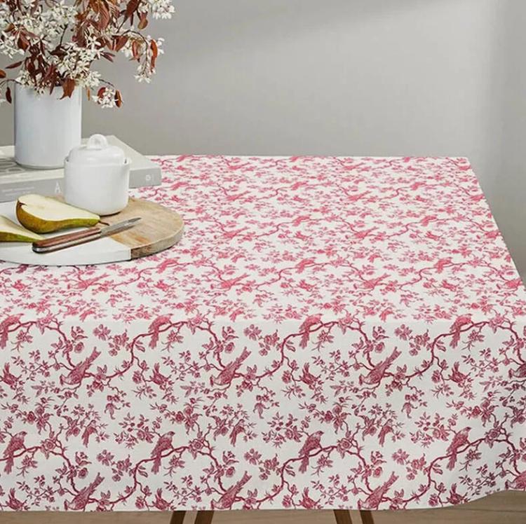 Toile de Jouy Birds Tablecloth , Floral Red Off White Table cloth , Round Oval Rectangle , Handmade UK
